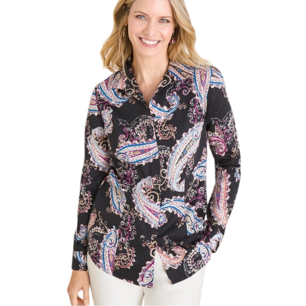 Chico’s No-Iron Sateen Paisley Wing-Collar Shirt Size Chicos 2/U.S. 12/14